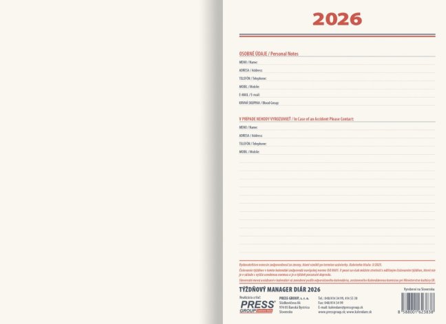 Týždenný diár TOP manager 2026 - čierny (D-02)